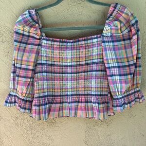 Tommy Hilfiger Pink and Blue Puff Sleeve Crop Blouse